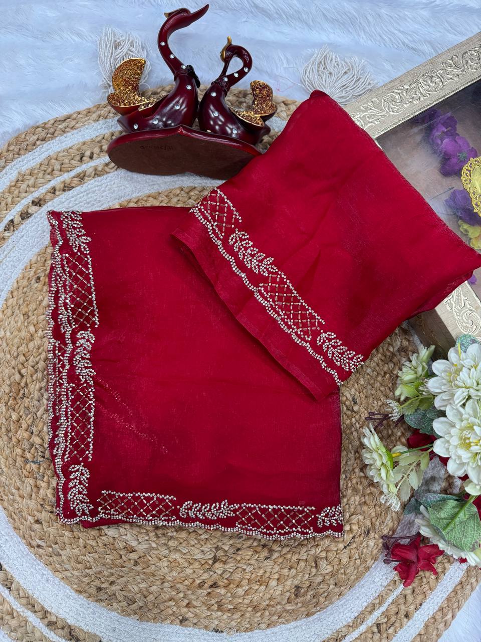 Red Silk Jakan Diamond Work Saree Blouse