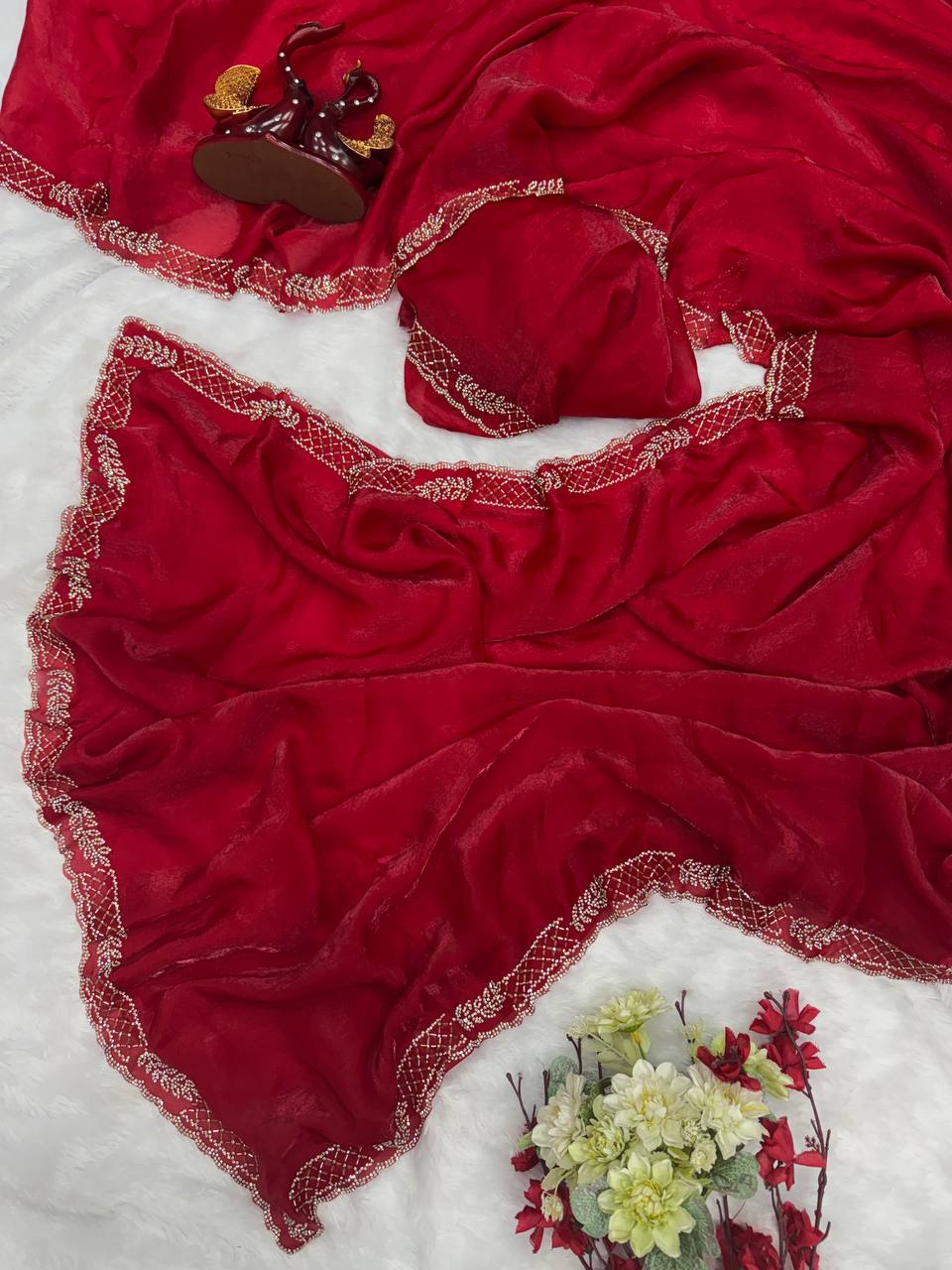 Red Silk Jakan Diamond Work Saree Blouse