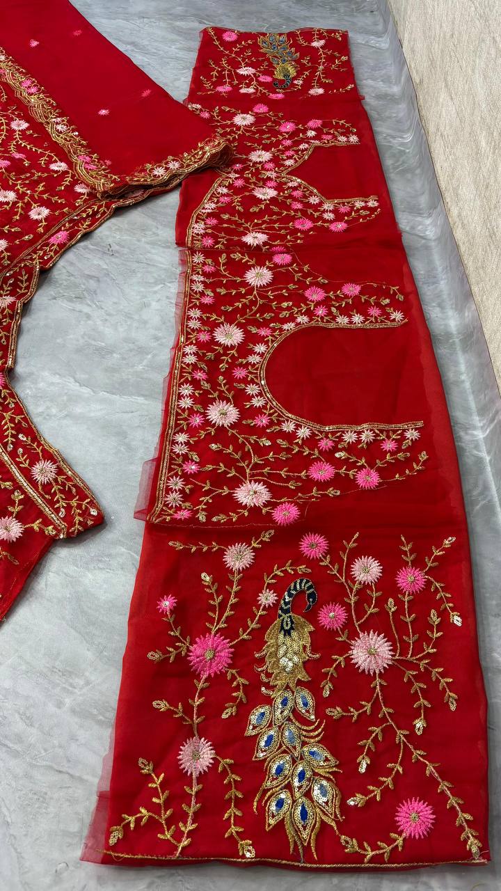 Elegant Red Net Embroidered with Sequins & Peacock Motifs Lehenga Choli