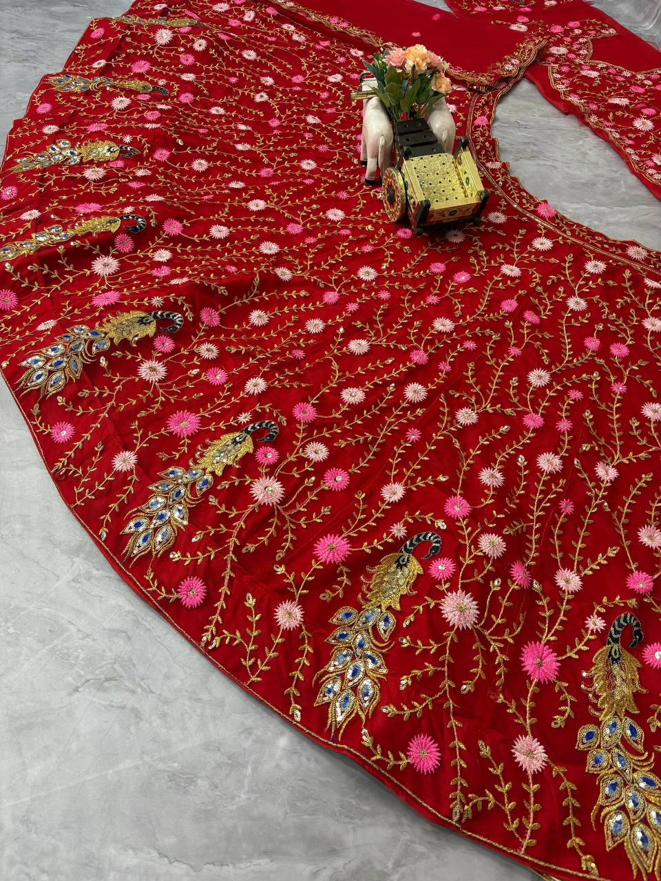 Elegant Red Net Embroidered with Sequins & Peacock Motifs Lehenga Choli
