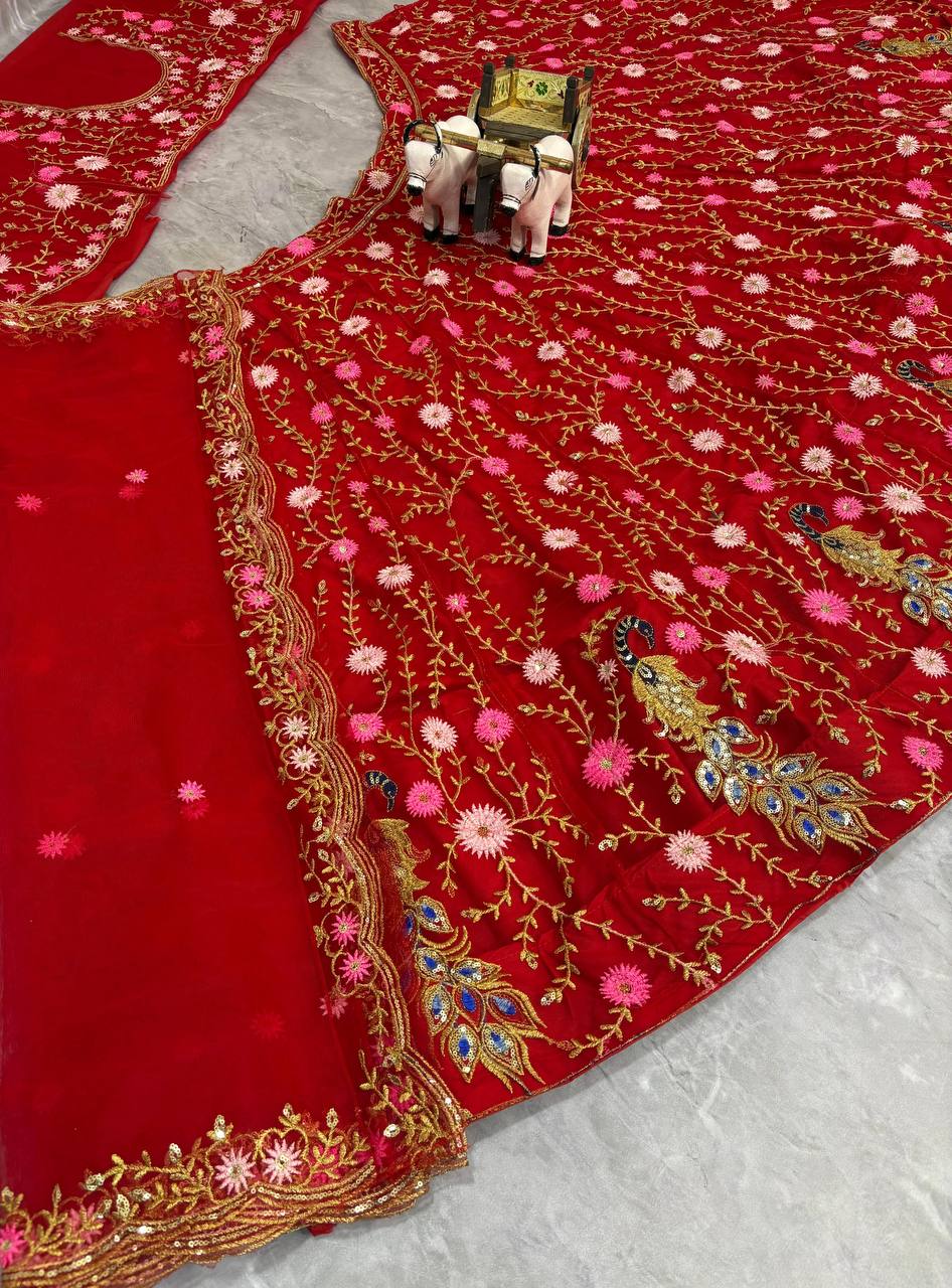Elegant Red Net Embroidered with Sequins & Peacock Motifs Lehenga Choli