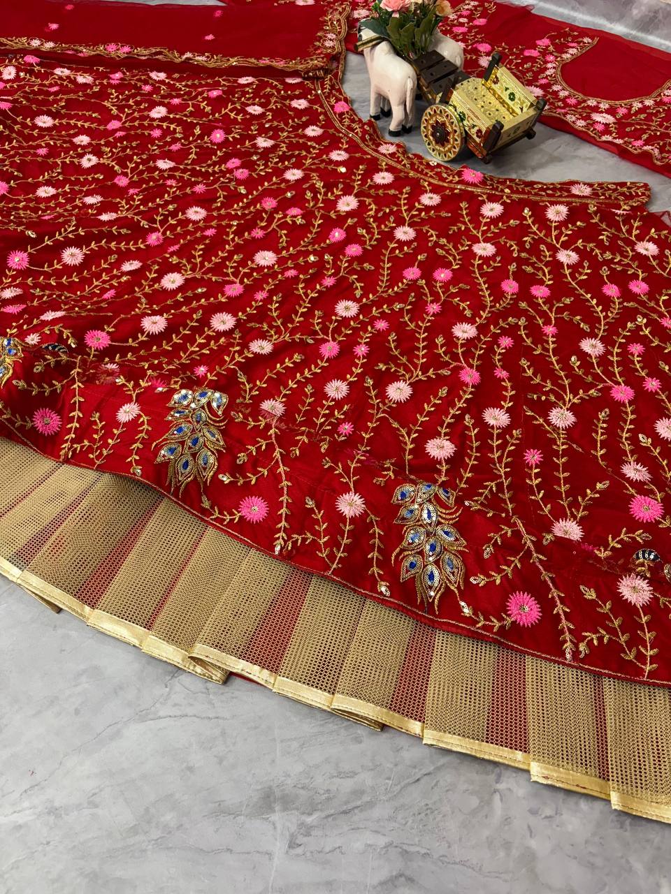 Elegant Red Net Embroidered with Sequins & Peacock Motifs Lehenga Choli