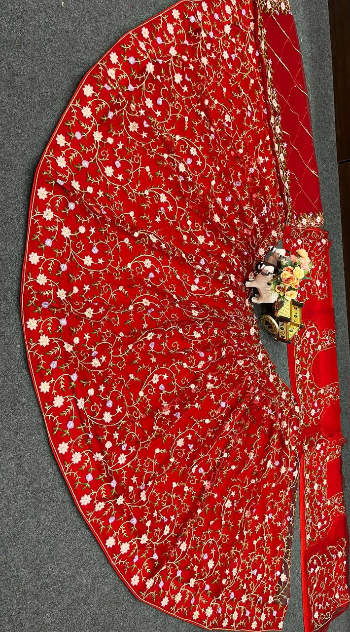 Red Color Soft Net Floral Work Lehenga Choli