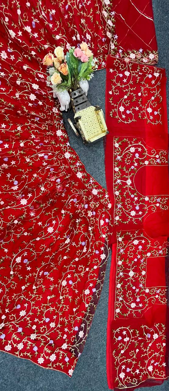 Red Color Soft Net Floral Work Lehenga Choli