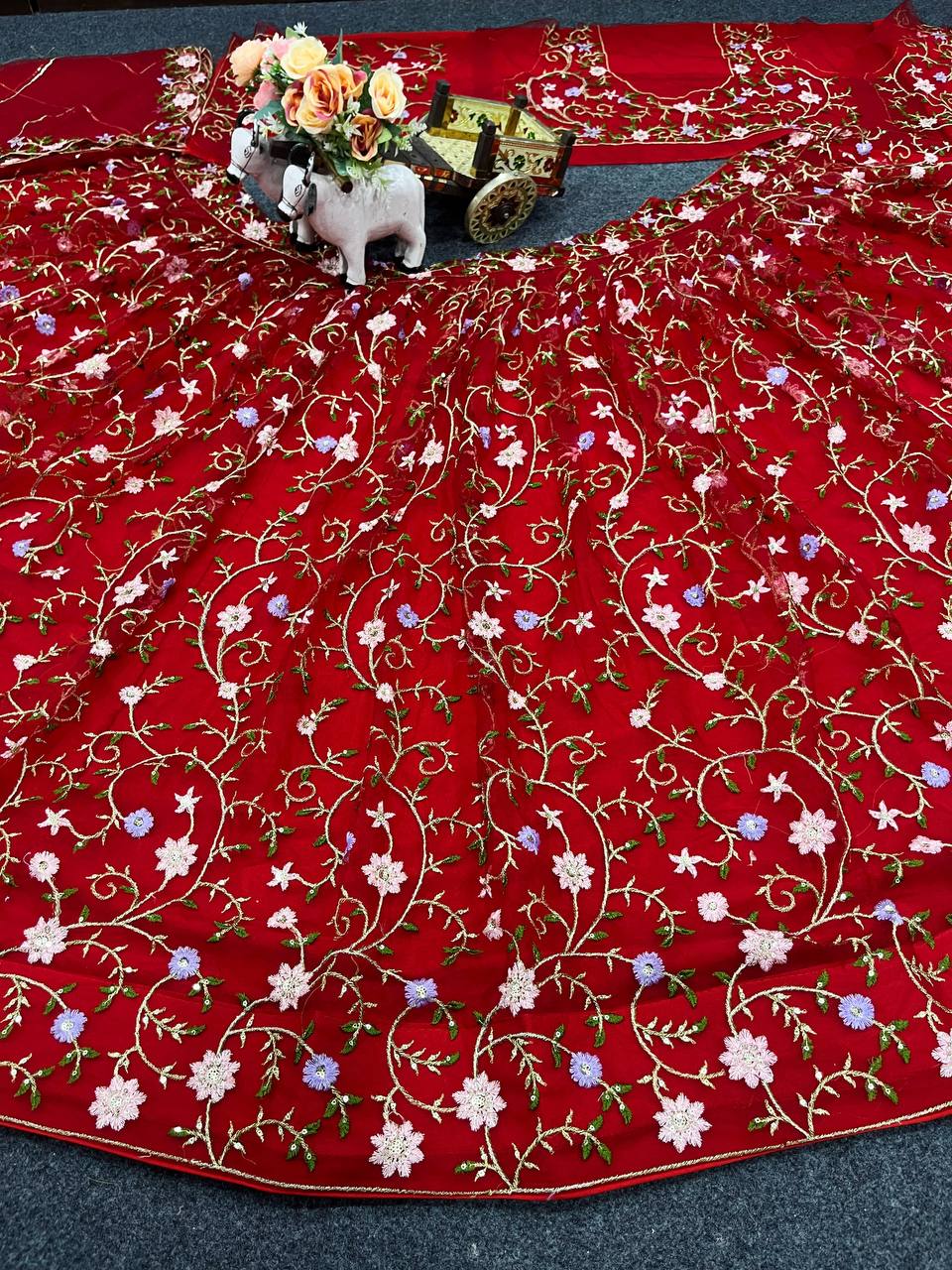 Red Color Soft Net Floral Work Lehenga Choli