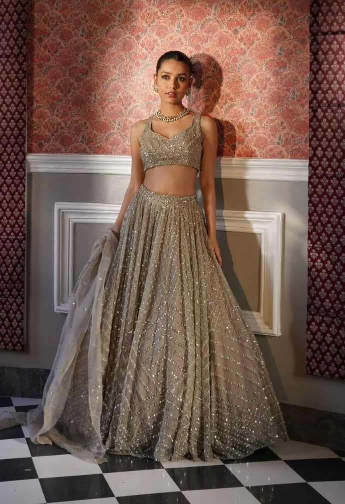 Rust Color Organza Silk Sequence Work Lehenga Choli
