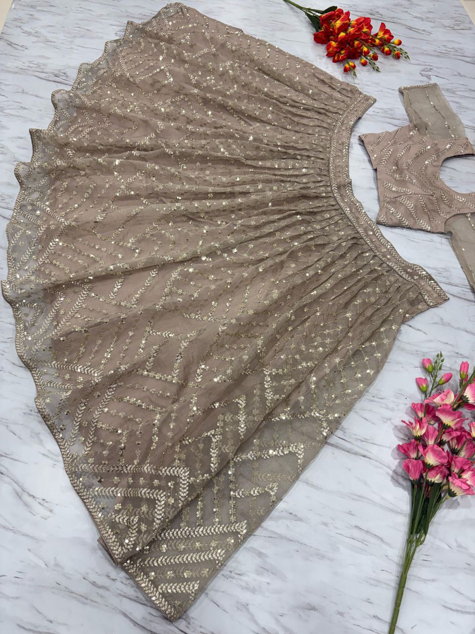 Rust Color Organza Silk Sequence Work Lehenga Choli