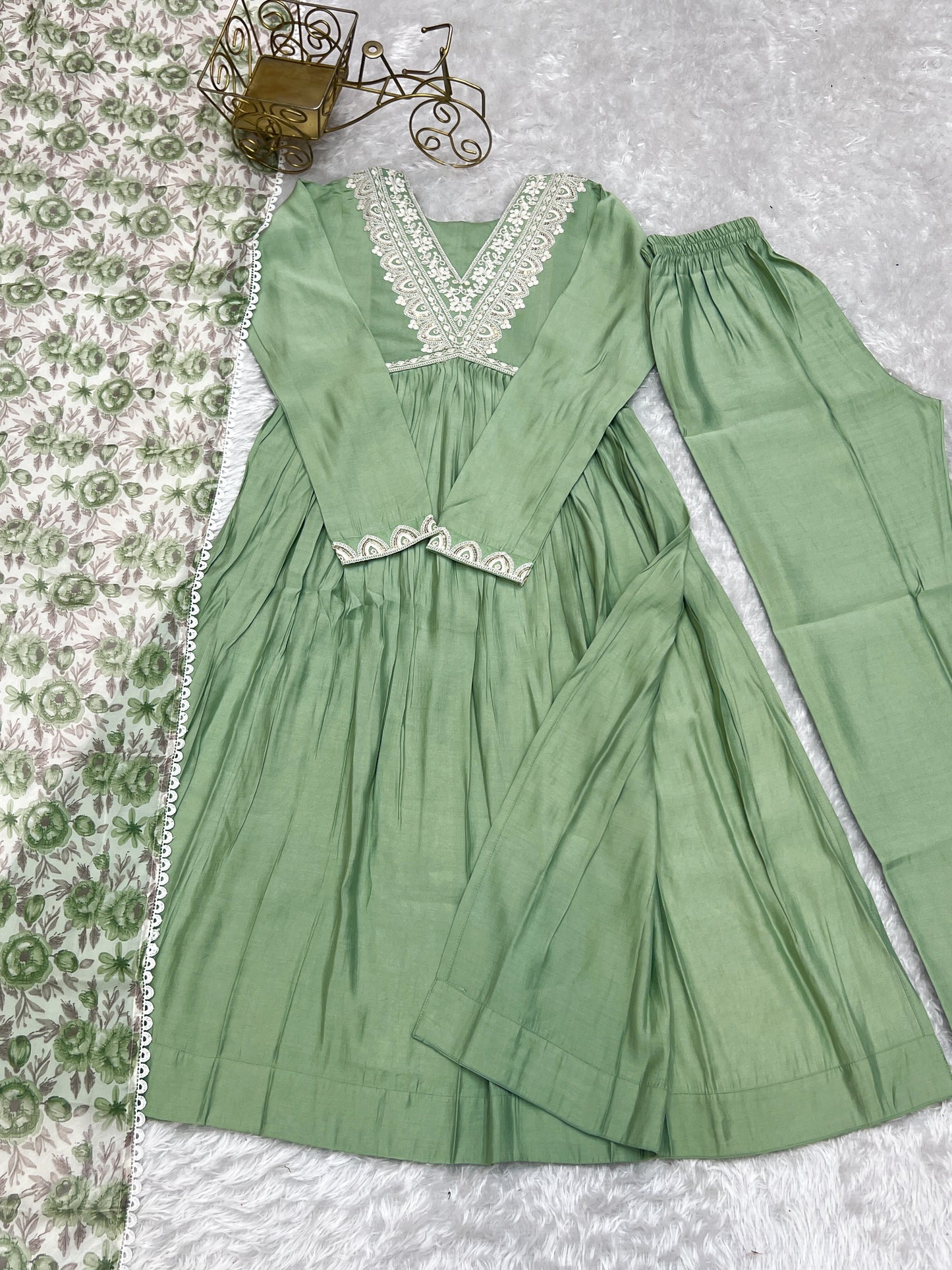 Pista Color Roman Silk Full Stitched Nyra Cut Kurta Pant Dupatta Set