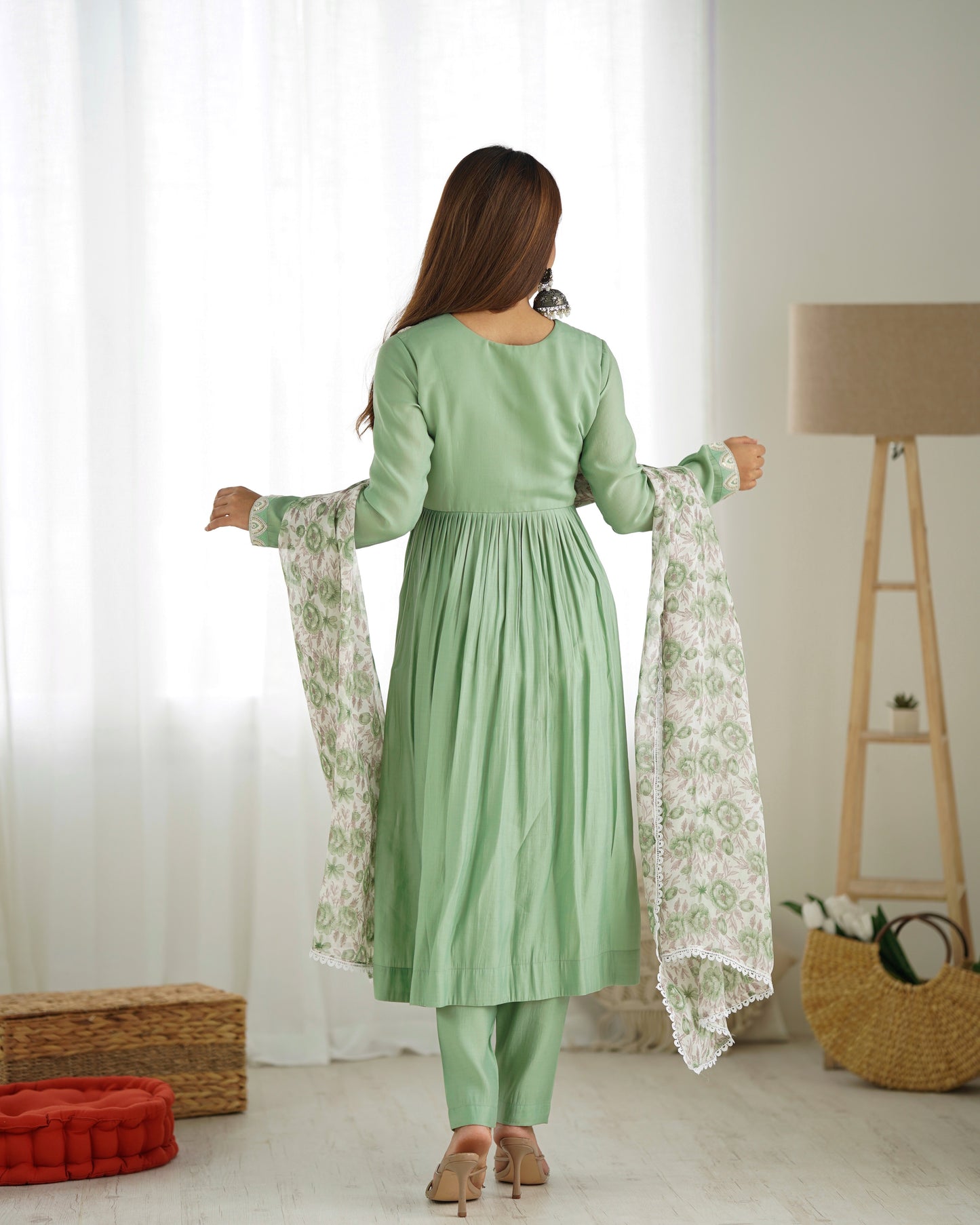 Pista Color Roman Silk Full Stitched Nyra Cut Kurta Pant Dupatta Set