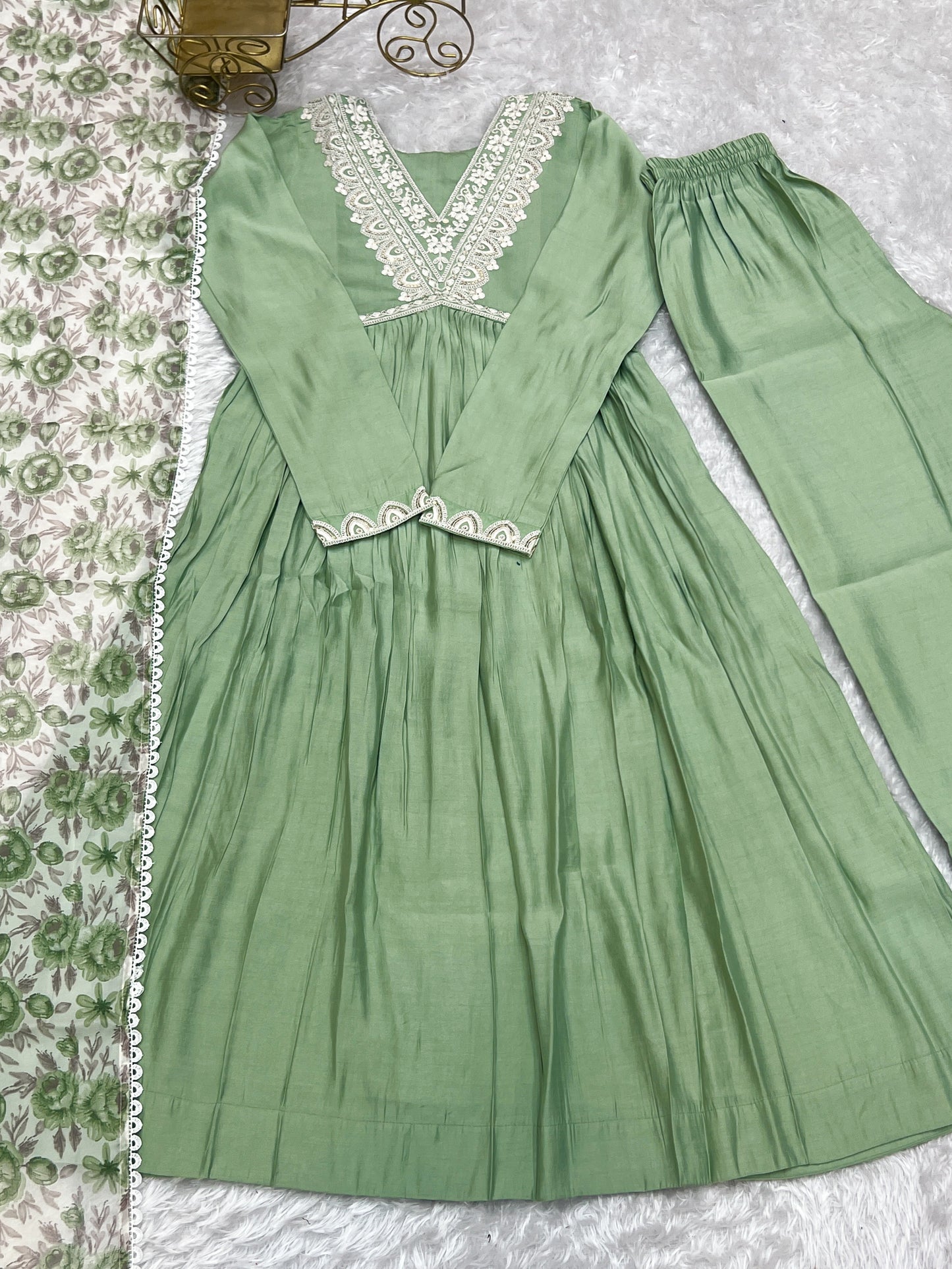 Pista Color Roman Silk Full Stitched Nyra Cut Kurta Pant Dupatta Set