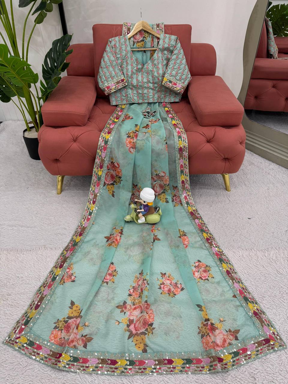 Function Wear Sea Green Tuby Silk Sequence Work Print Saree