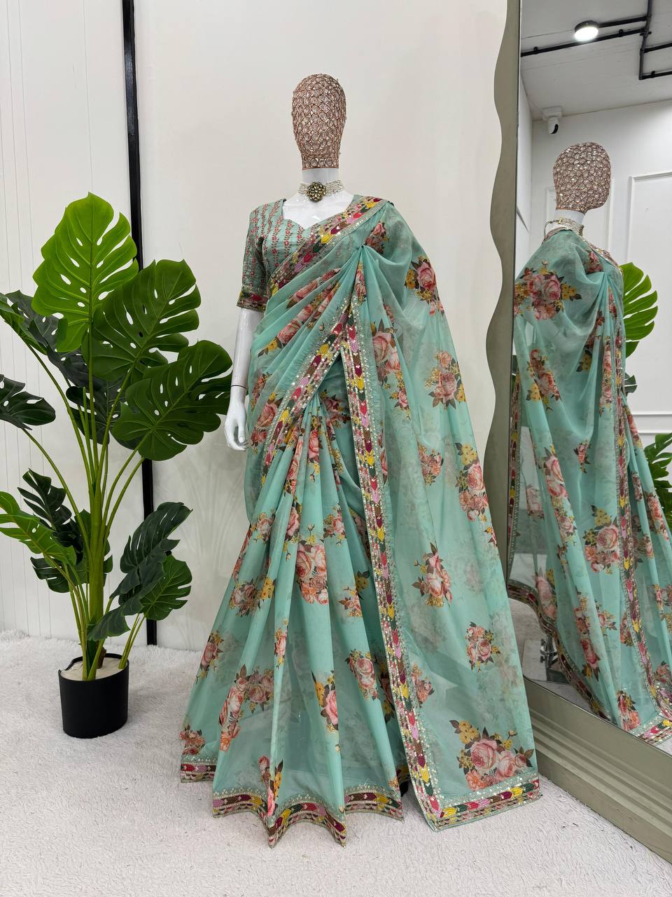 Function Wear Sea Green Tuby Silk Sequence Work Print Saree