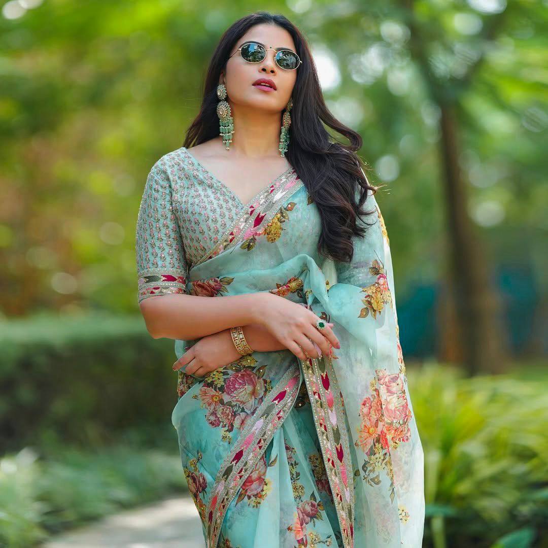 Function Wear Sea Green Tuby Silk Sequence Work Print Saree