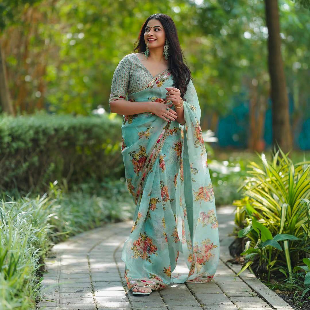 Function Wear Sea Green Tuby Silk Sequence Work Print Saree