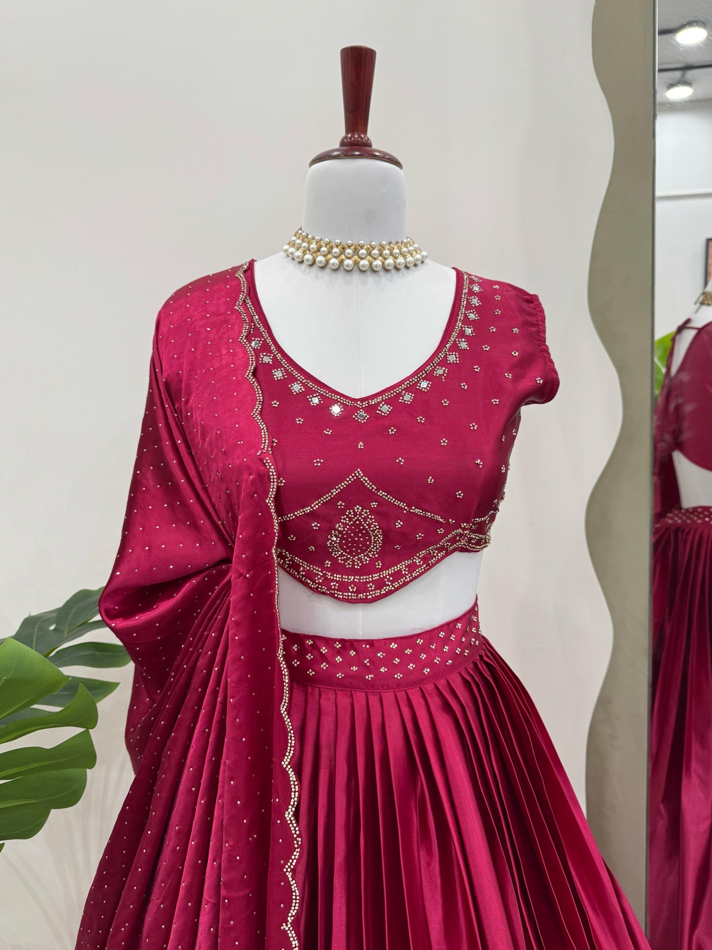 Pink Satin Silk Real Mirror Work Lehenga Choli