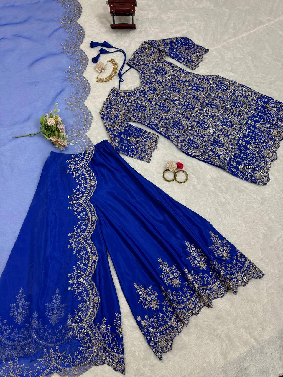 Royal Blue Silk Fully Stitched Sequence Work Plazo Sharara Suit