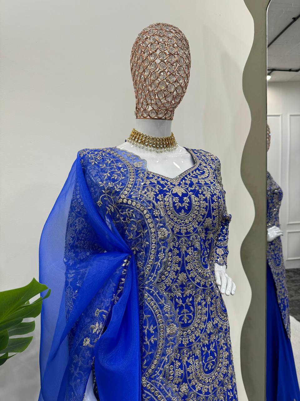 Royal Blue Silk Fully Stitched Sequence Work Plazo Sharara Suit