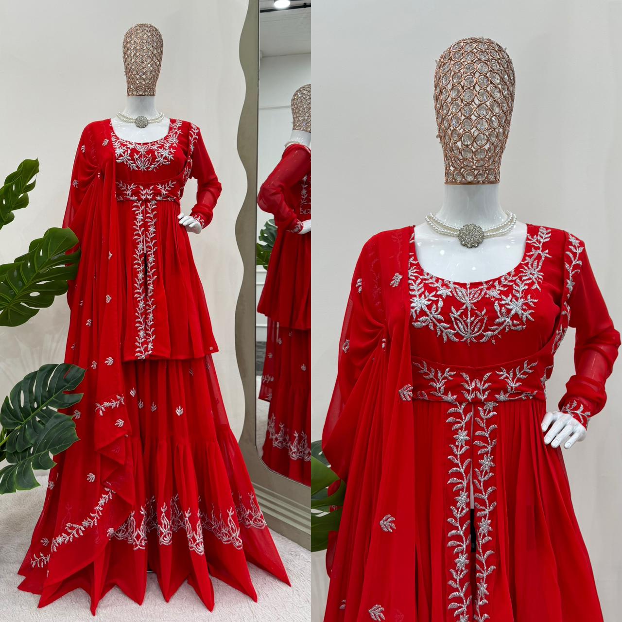 Red Color Georgette Full Stitched Sharara Suit