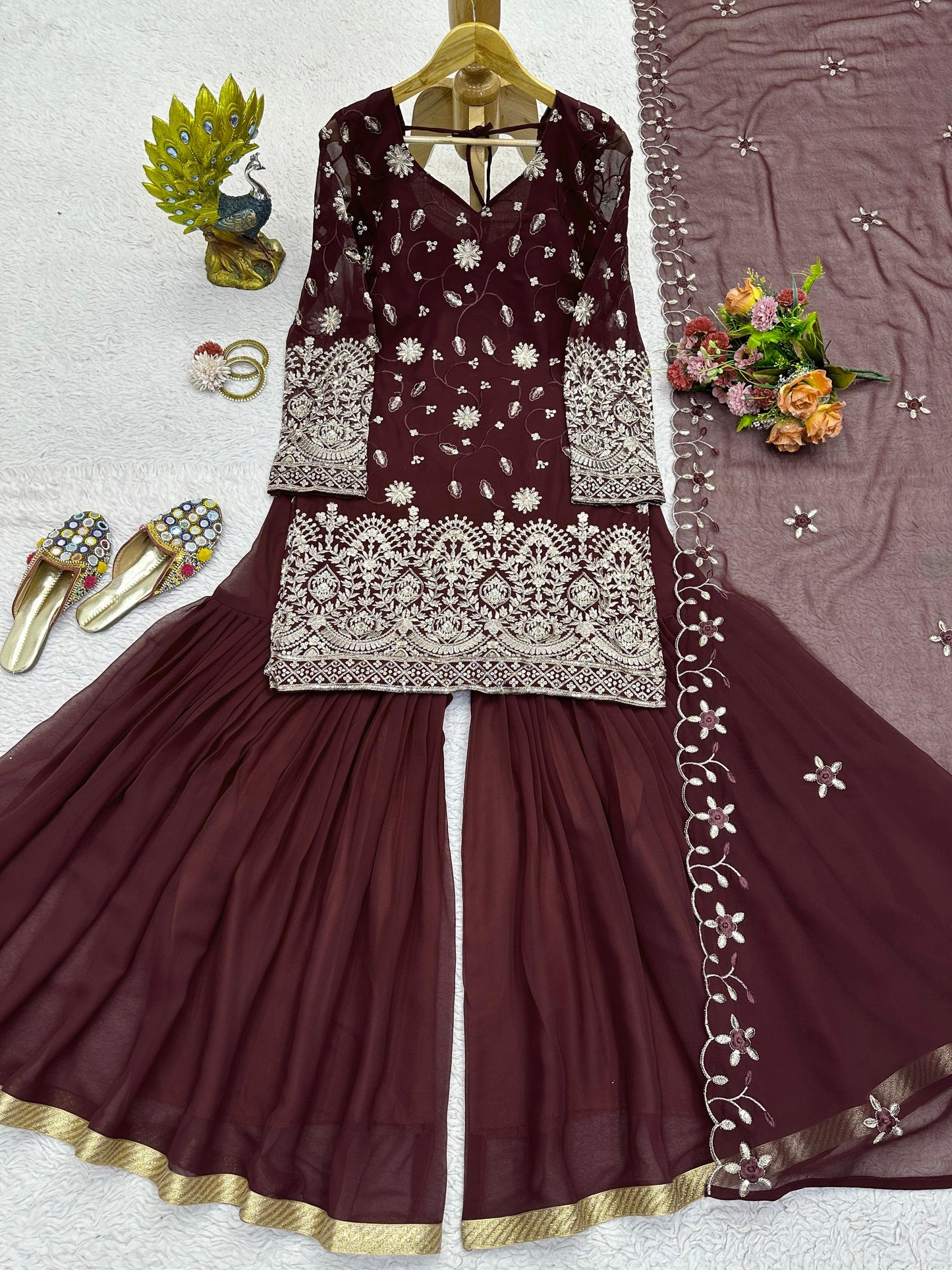 Ready To Wear Georgette Embroidered Work Sharara Suit Set
