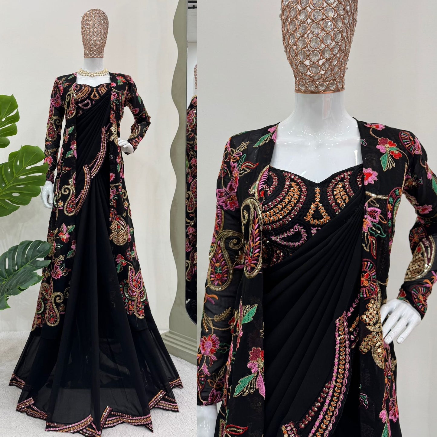Beautiful Black Georgette Multi Color Thread Work Saree With Shrug