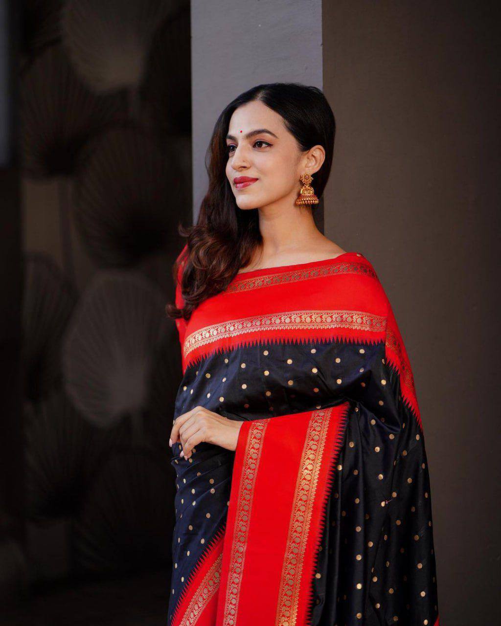 Wedding Waer Black Red Jacquard Work Soft Lichi Saree