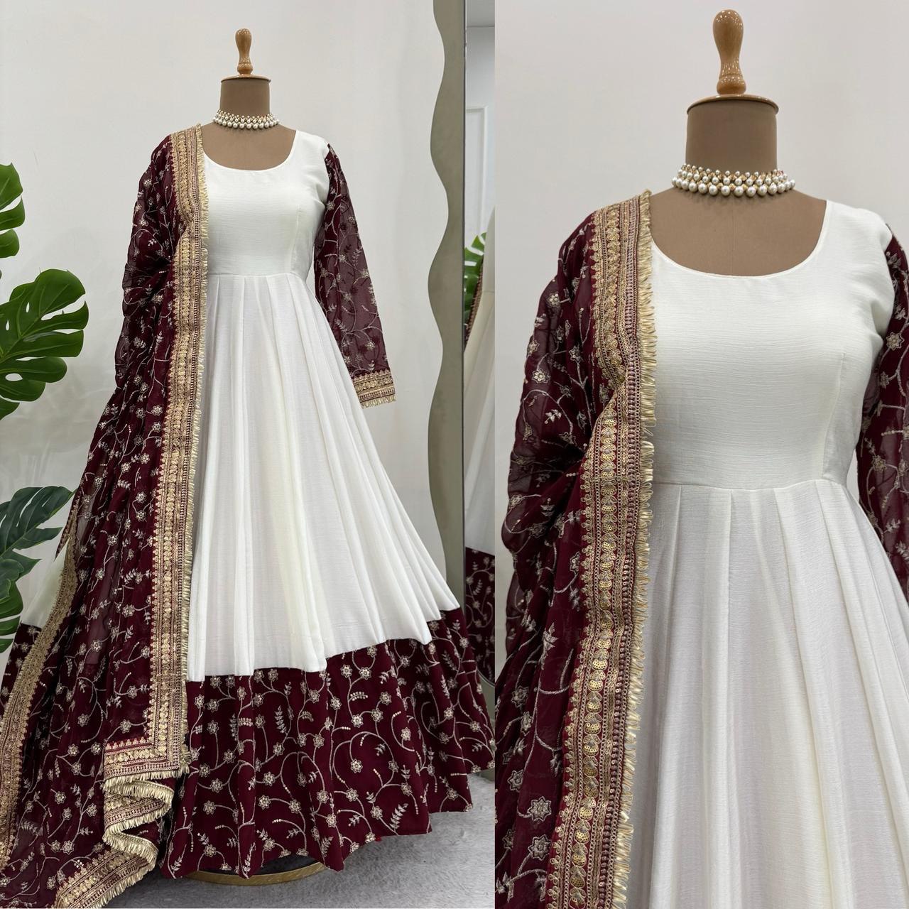 Off White Chinon Silk Fully Stitched Gown