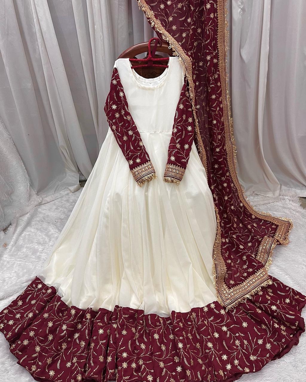 Off White Chinon Silk Fully Stitched Gown
