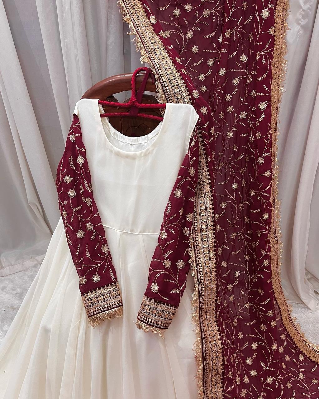 Off White Chinon Silk Fully Stitched Gown