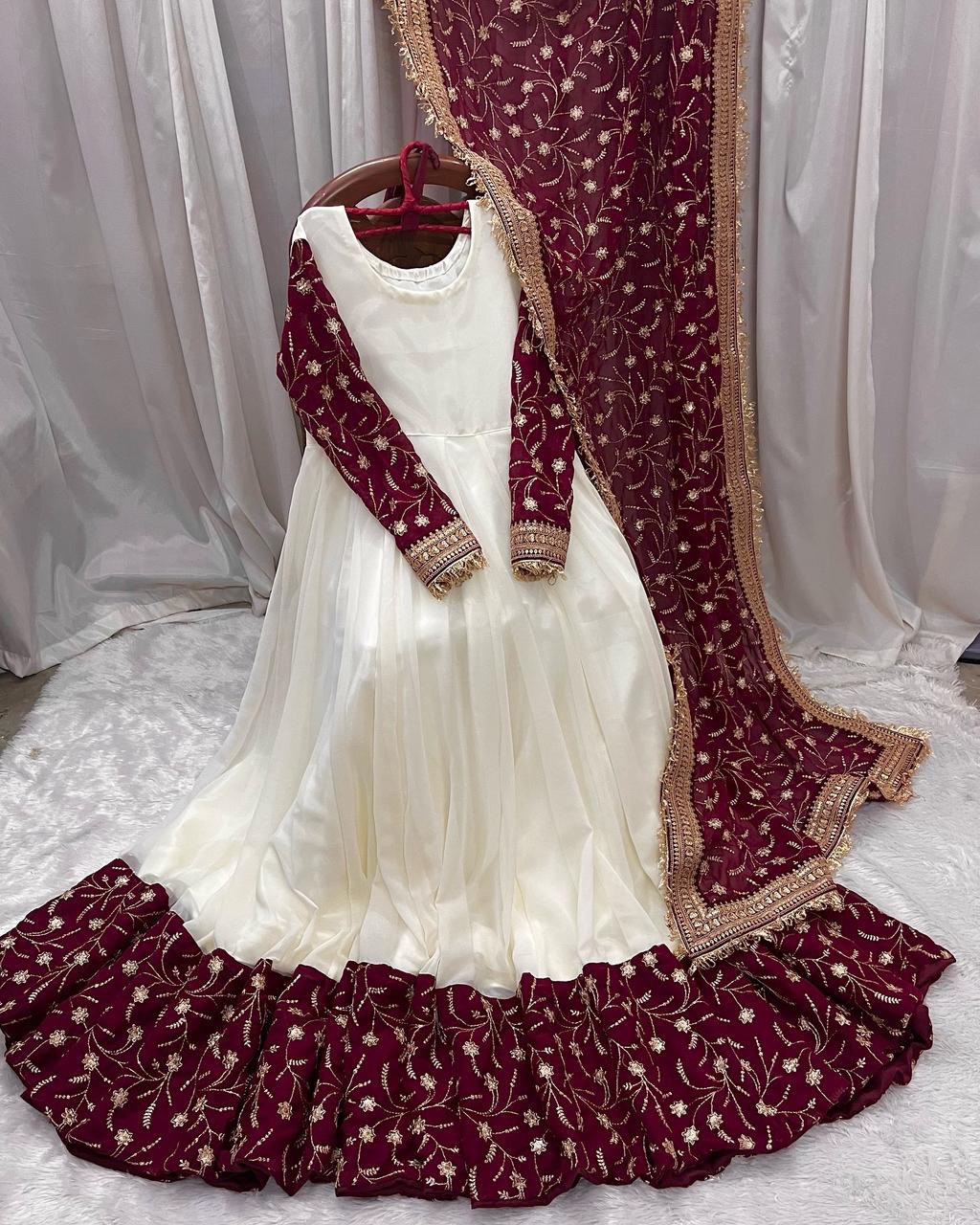 Off White Chinon Silk Fully Stitched Gown