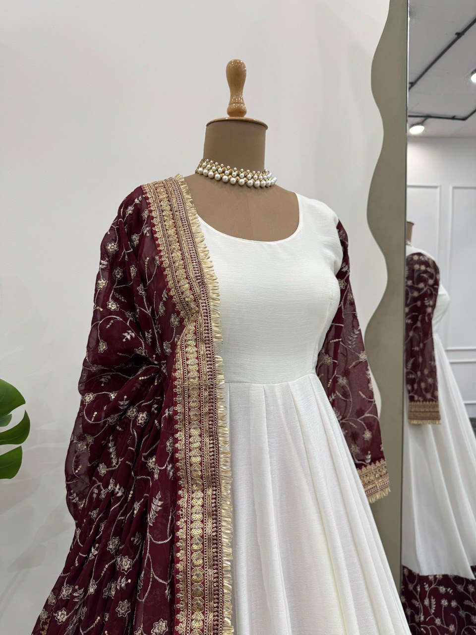 Off White Chinon Silk Fully Stitched Gown