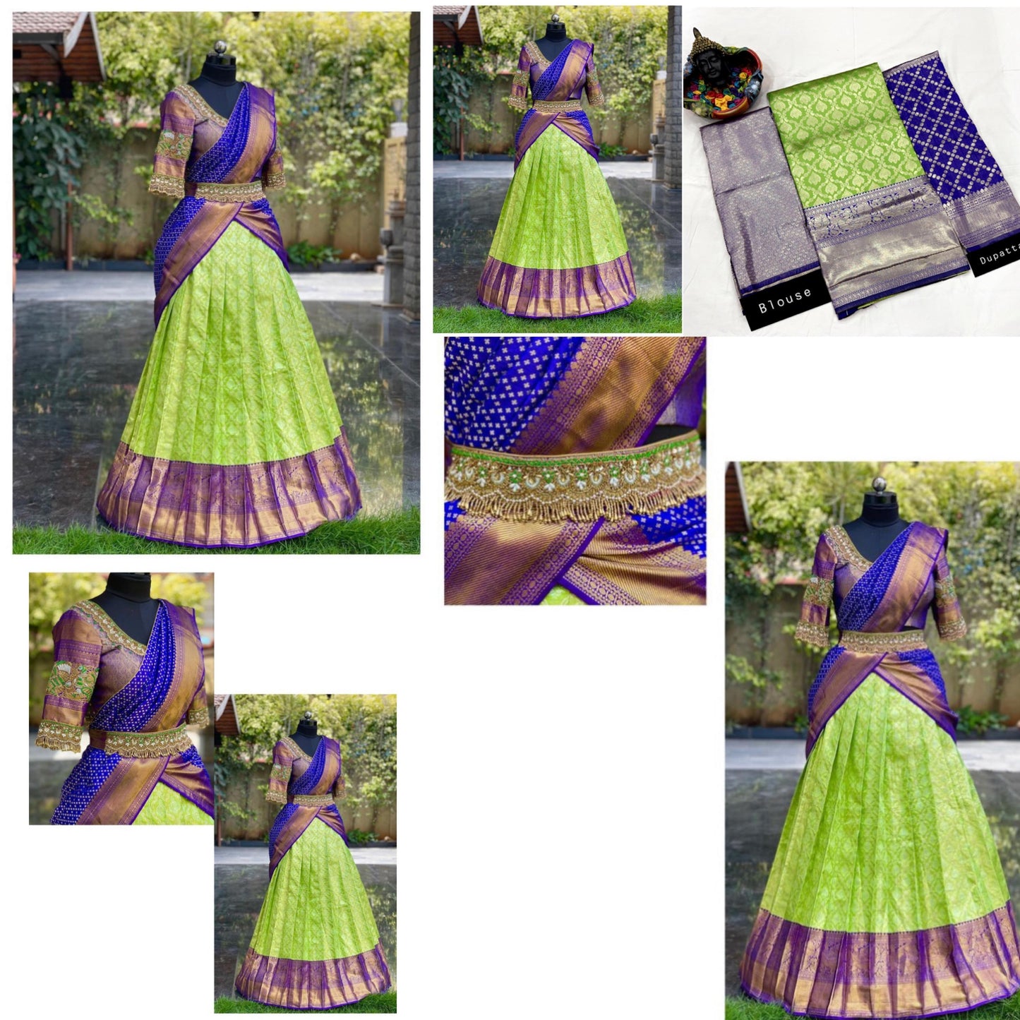 Green Blue Combination Kanjivaram Silk Half Saree