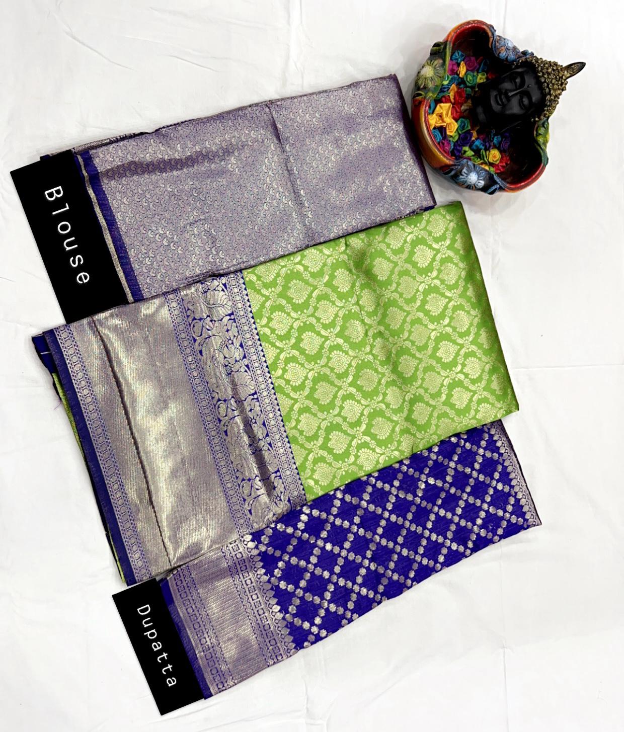 Green Blue Combination Kanjivaram Silk Half Saree