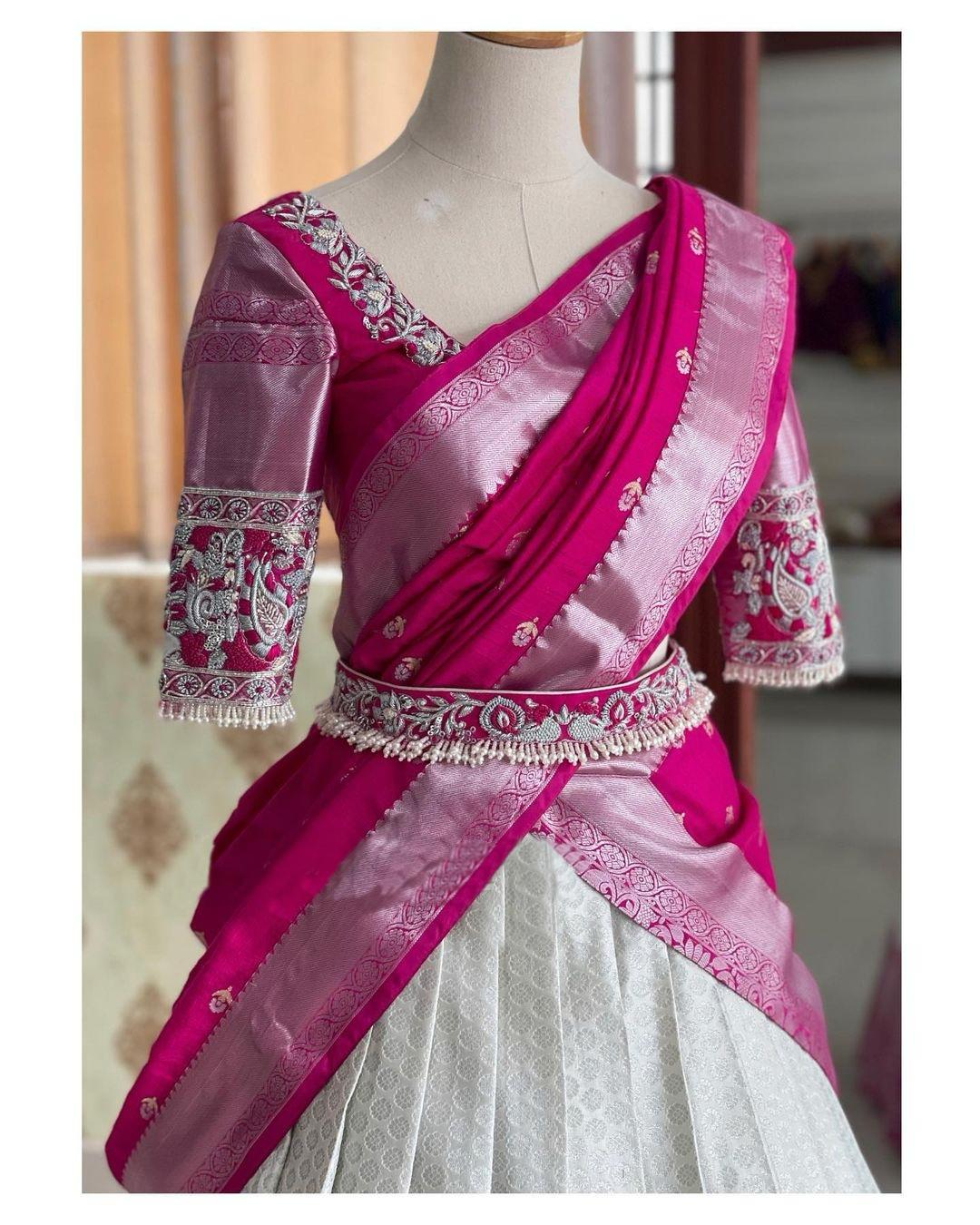 White Pink Kanjivaram Silk Half Lehenga Saree For Wedding
