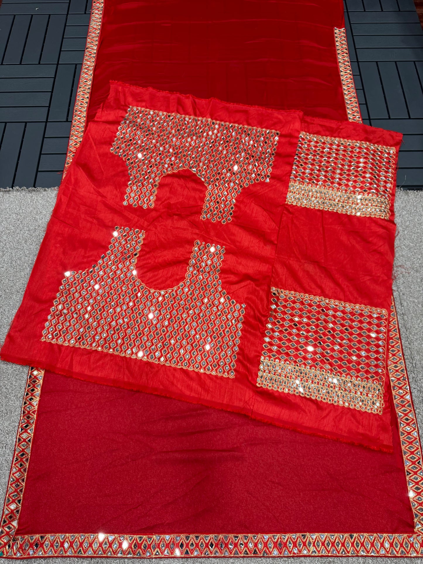 Party Wear Red Rangoli Silk Real Mirror Work Saree Blouse