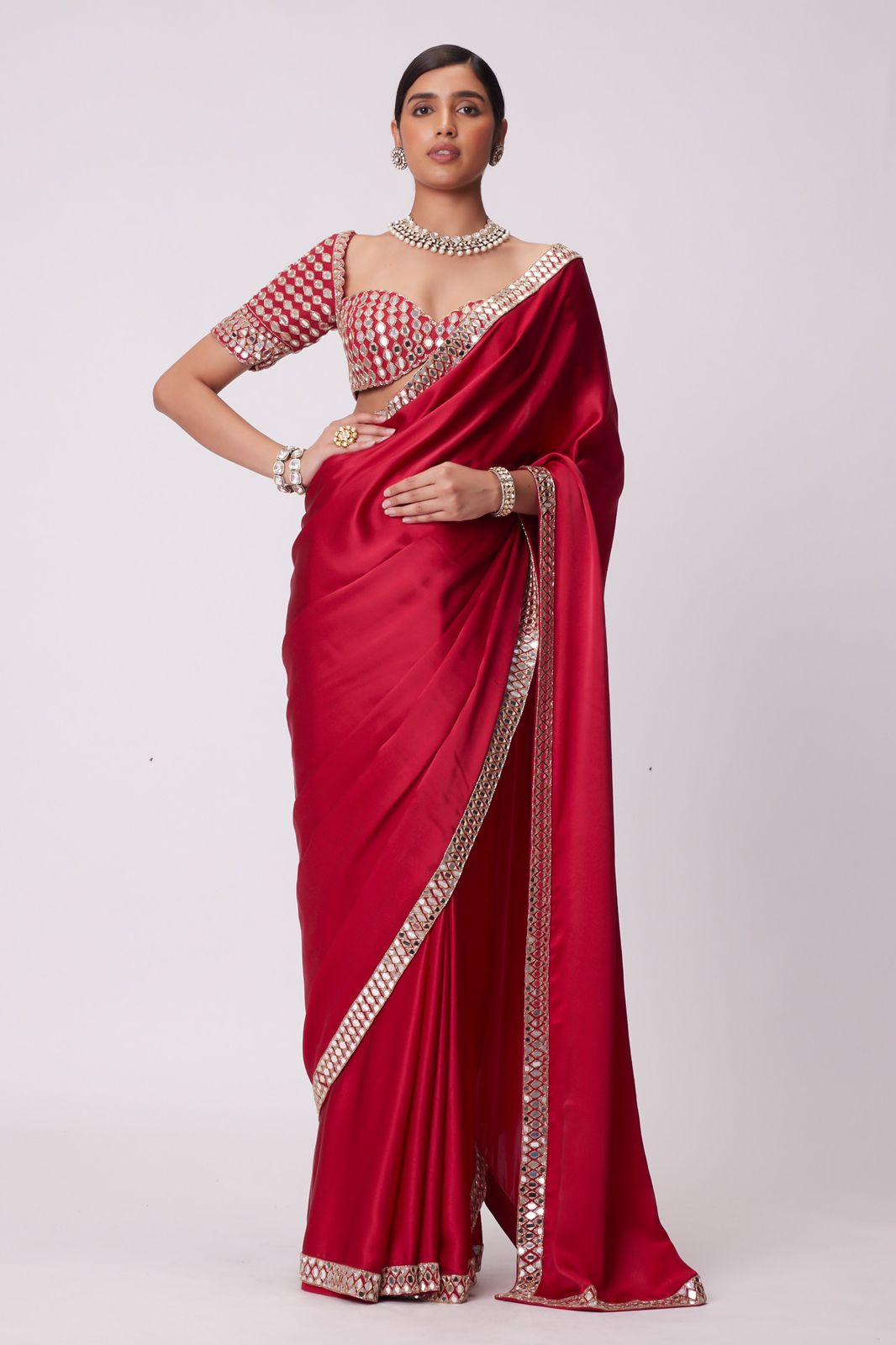 Party Wear Red Rangoli Silk Real Mirror Work Saree Blouse