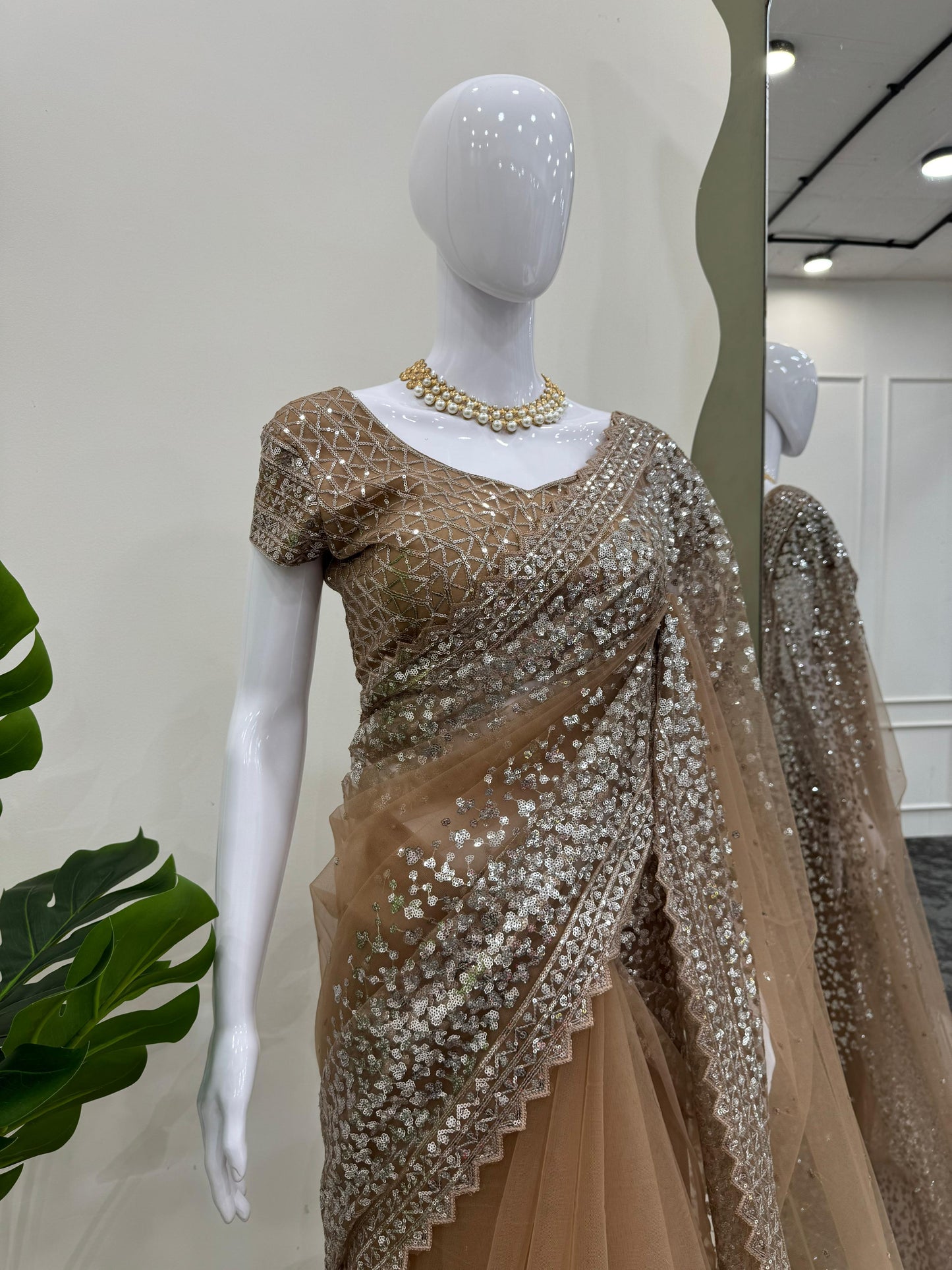 Skin Color Soft Net Sequence Work Saree