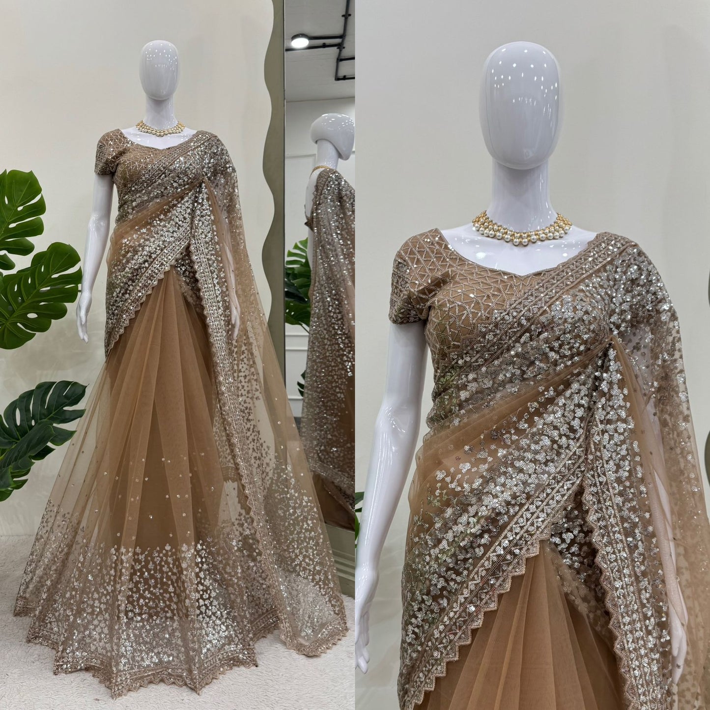 Skin Color Soft Net Sequence Work Saree