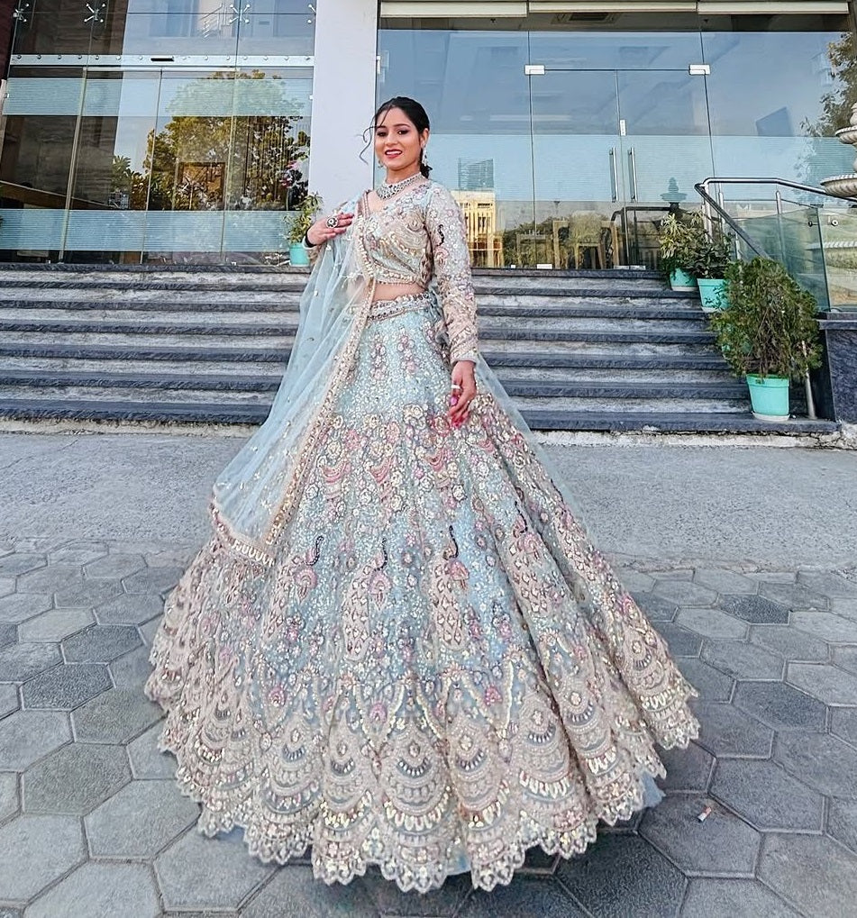 Peacock Design Light Sky Color Soft Net Coding Embroidered Work Lehenga Choli