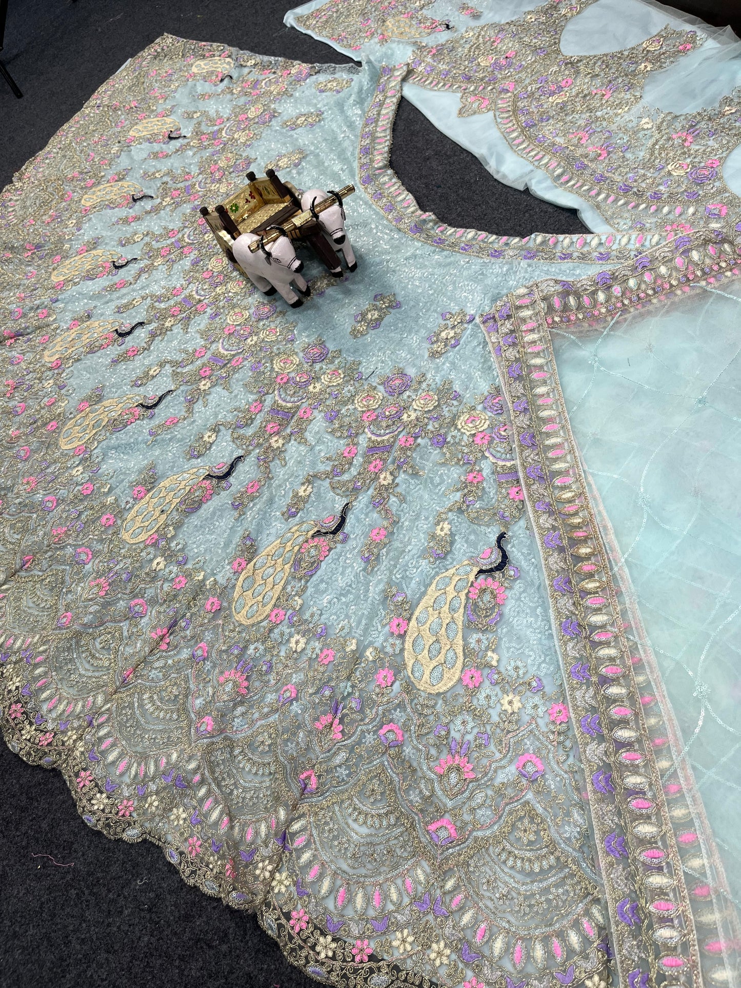 Sky Color Soft Net Coding Embroidered Work Peacock Design Lehenga Choli