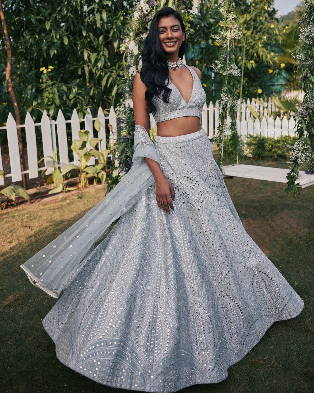 Sky Color Georgette Embroidered Lehenga Choli