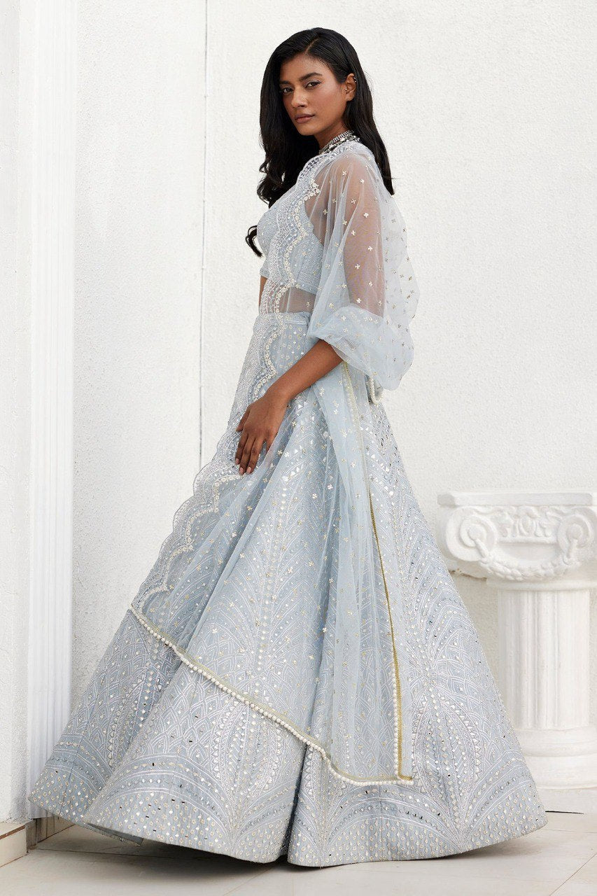 Sky Color Georgette Embroidered Lehenga Choli