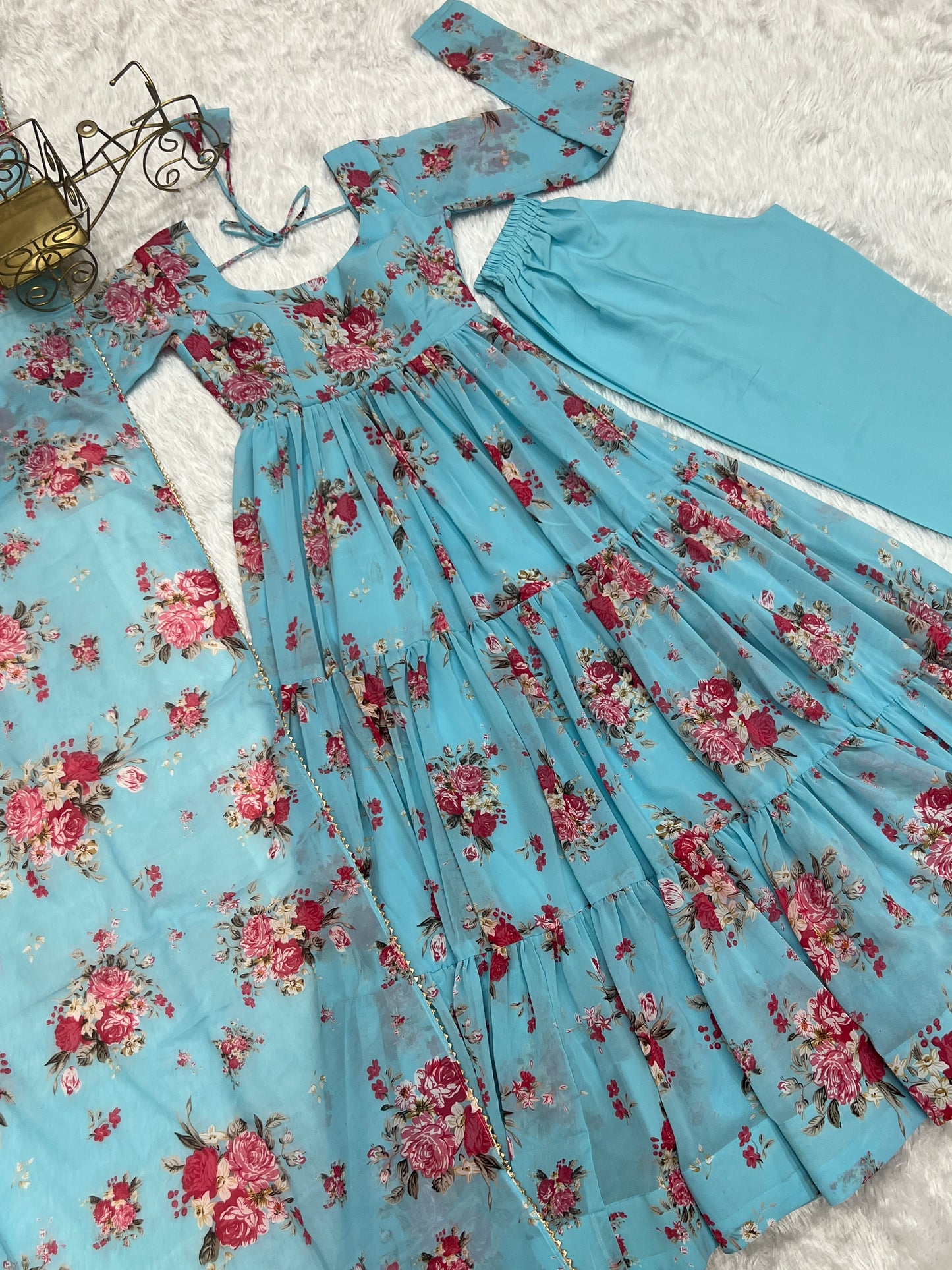 Sky Color Georgette Print Long Anarkali Style Stitched Suit Set