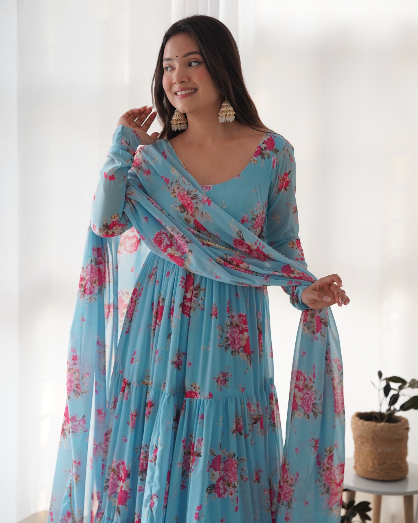 Sky Color Georgette Print Long Anarkali Style Stitched Suit Set
