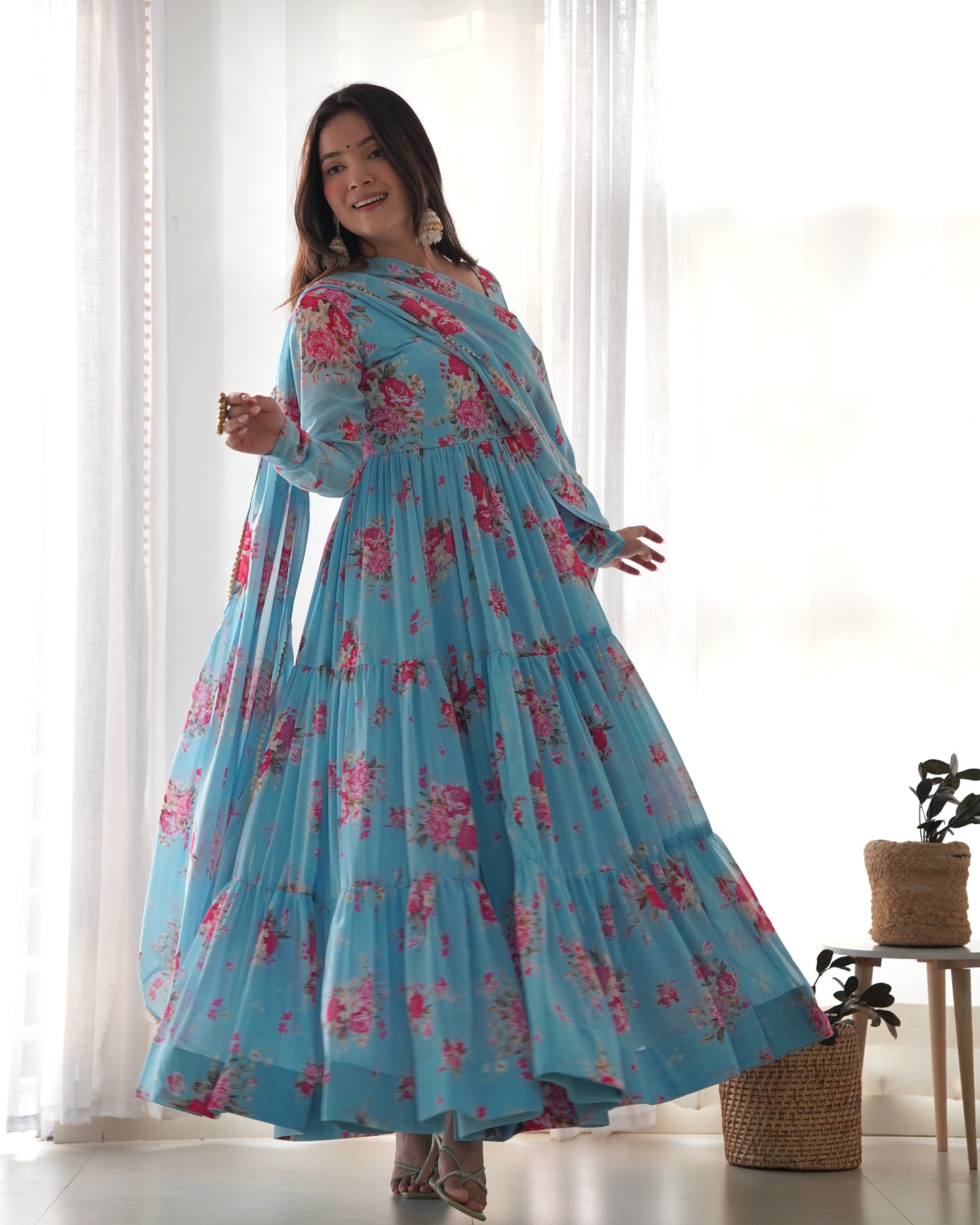 Sky Color Georgette Print Long Anarkali Style Stitched Suit Set