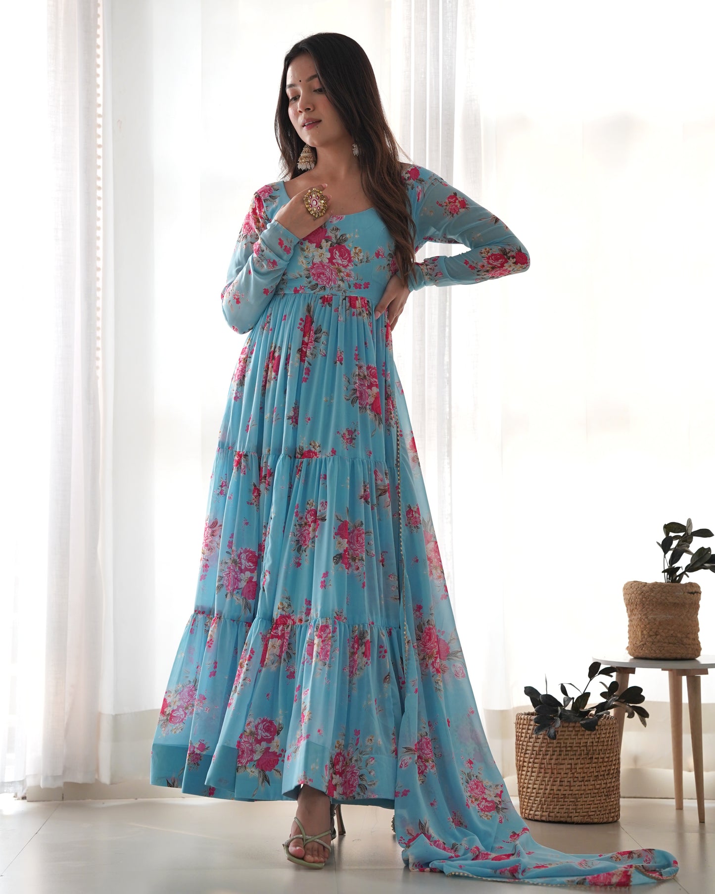 Sky Color Georgette Print Long Anarkali Style Stitched Suit Set