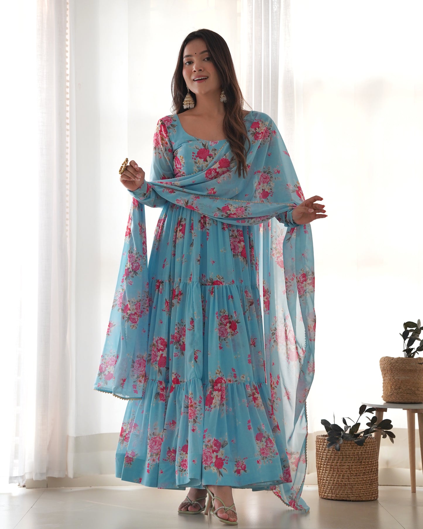Sky Color Georgette Print Long Anarkali Style Stitched Suit Set