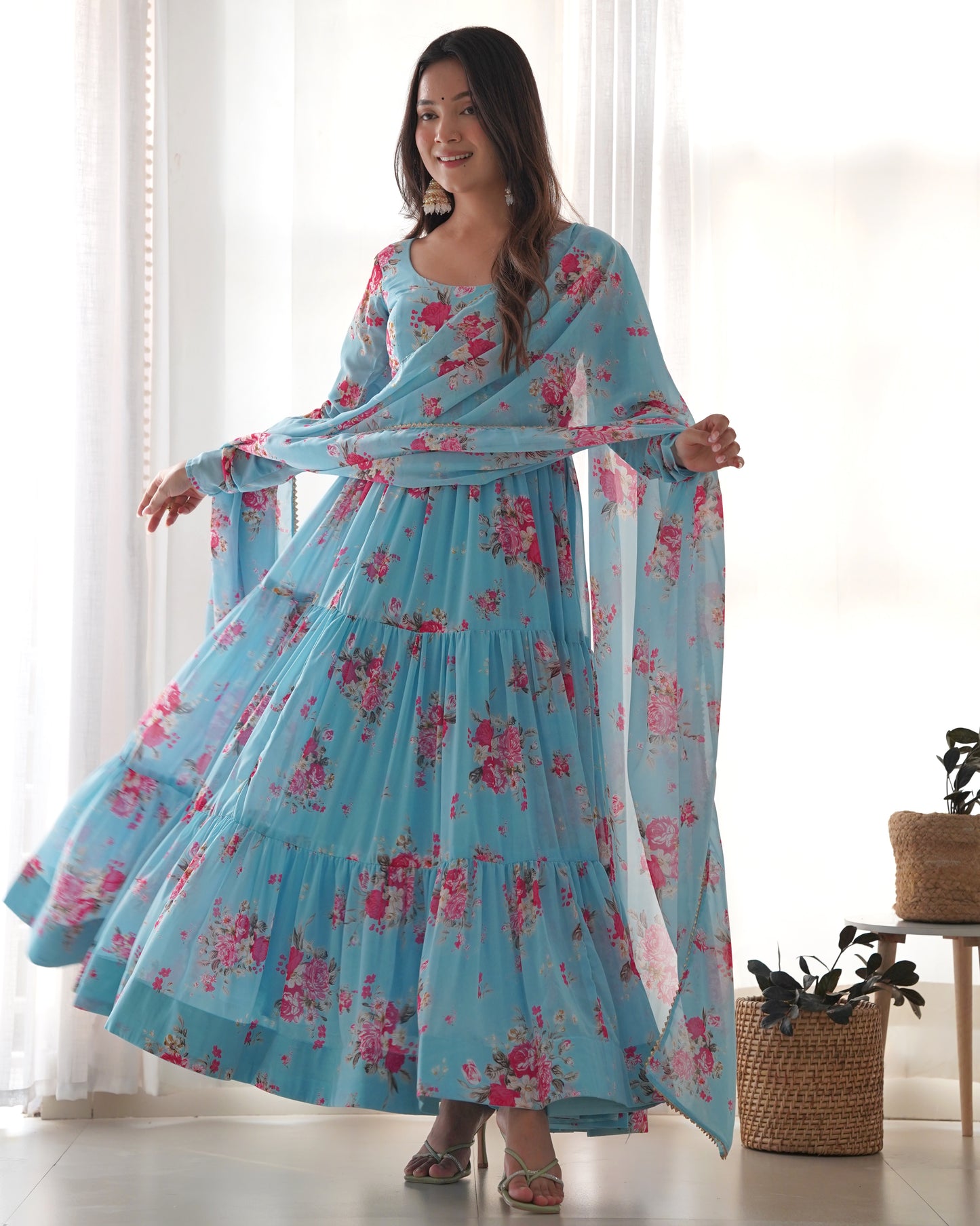 Sky Color Georgette Print Long Anarkali Style Stitched Suit Set
