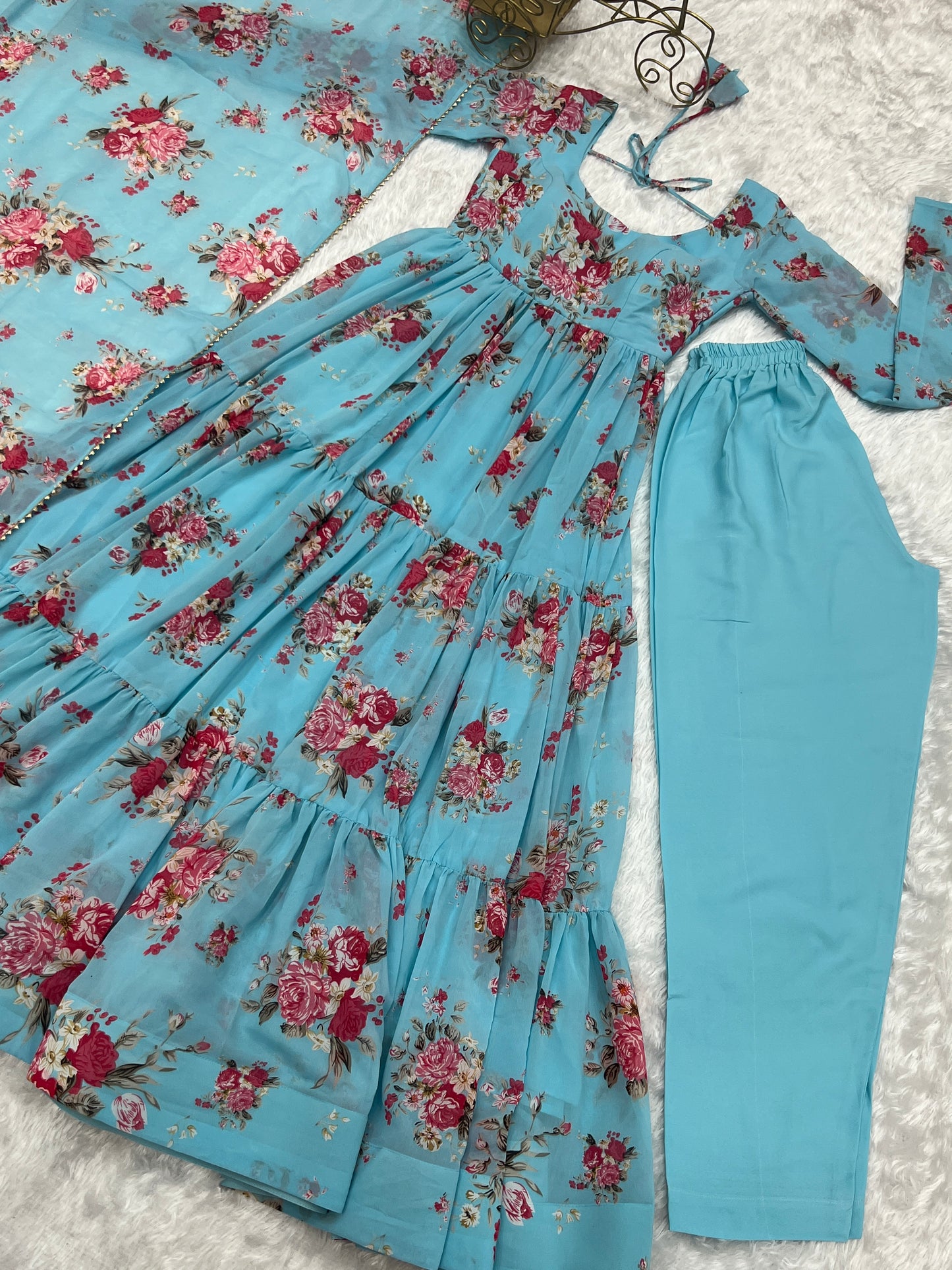 Sky Color Georgette Print Long Anarkali Style Stitched Suit Set