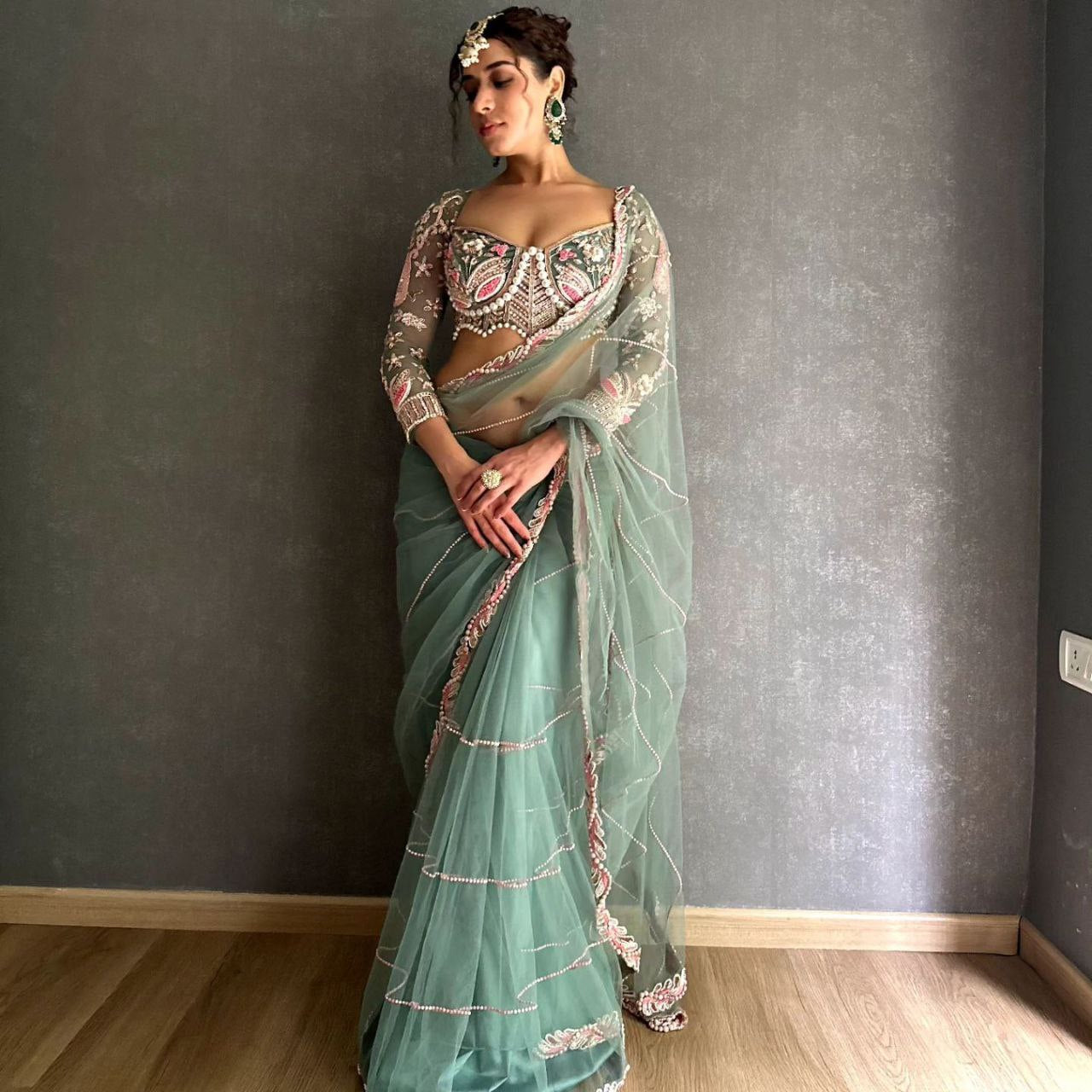Sky Color Soft Net Saree With Heavy Pearl Work Blouse
