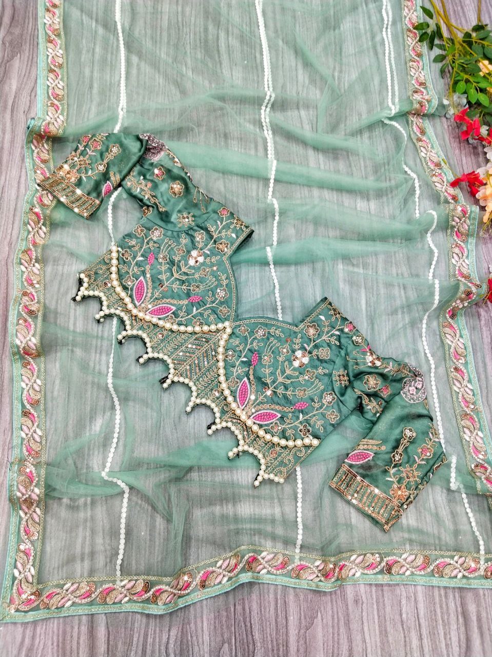 Sky Color Soft Net Saree With Heavy Pearl Work Blouse